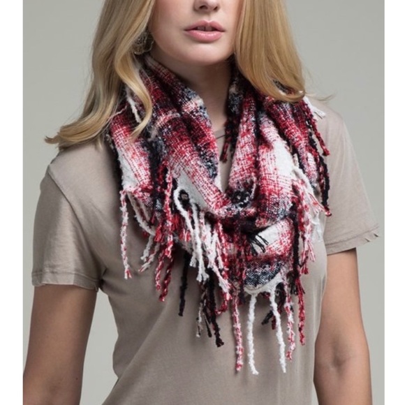 Accessories - SOLD OUT Red & Navy Plaid Infinity Soft Long Tassel Scarf